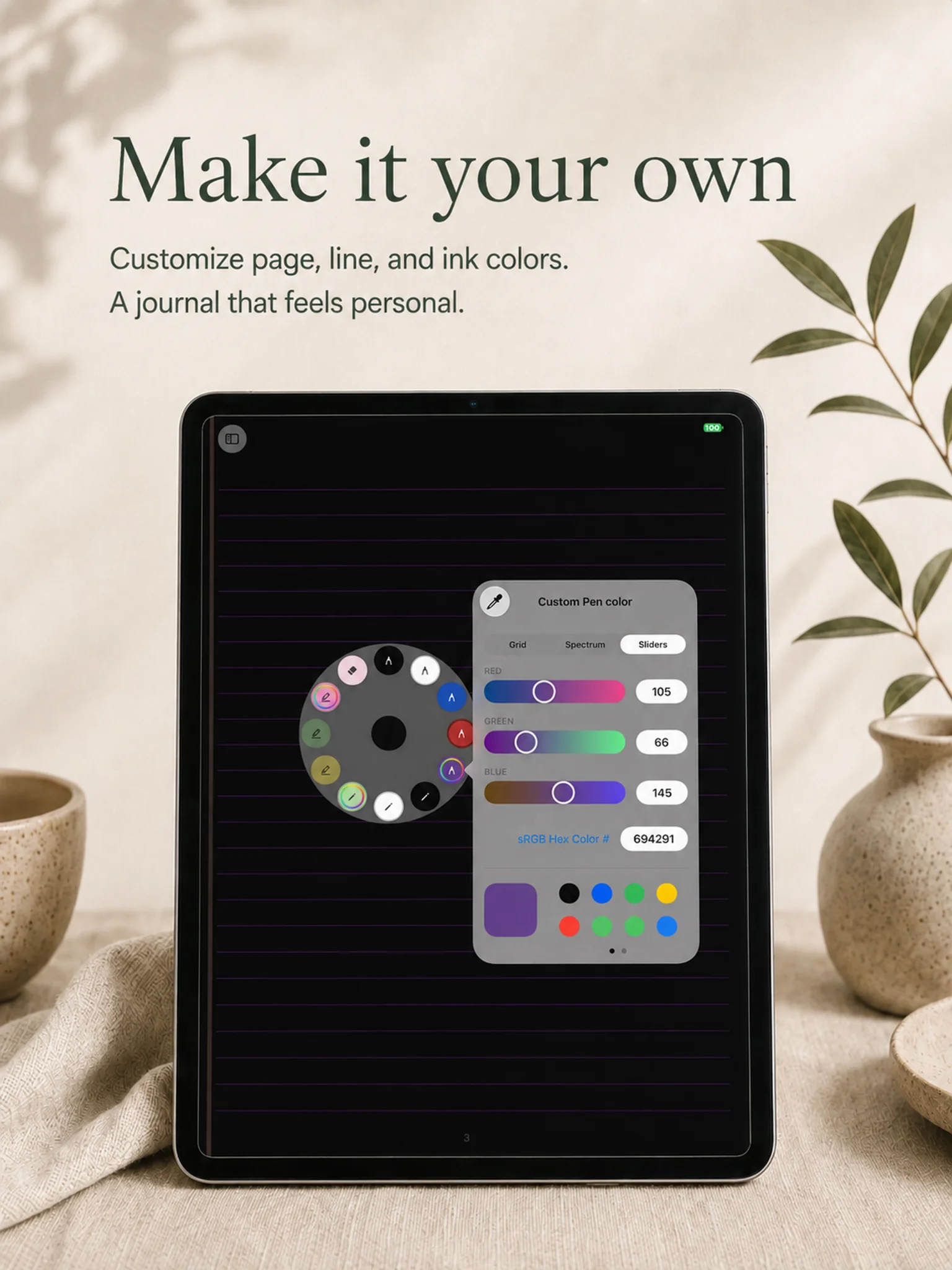 Custom page, line, and ink colors in Journal - From Me
