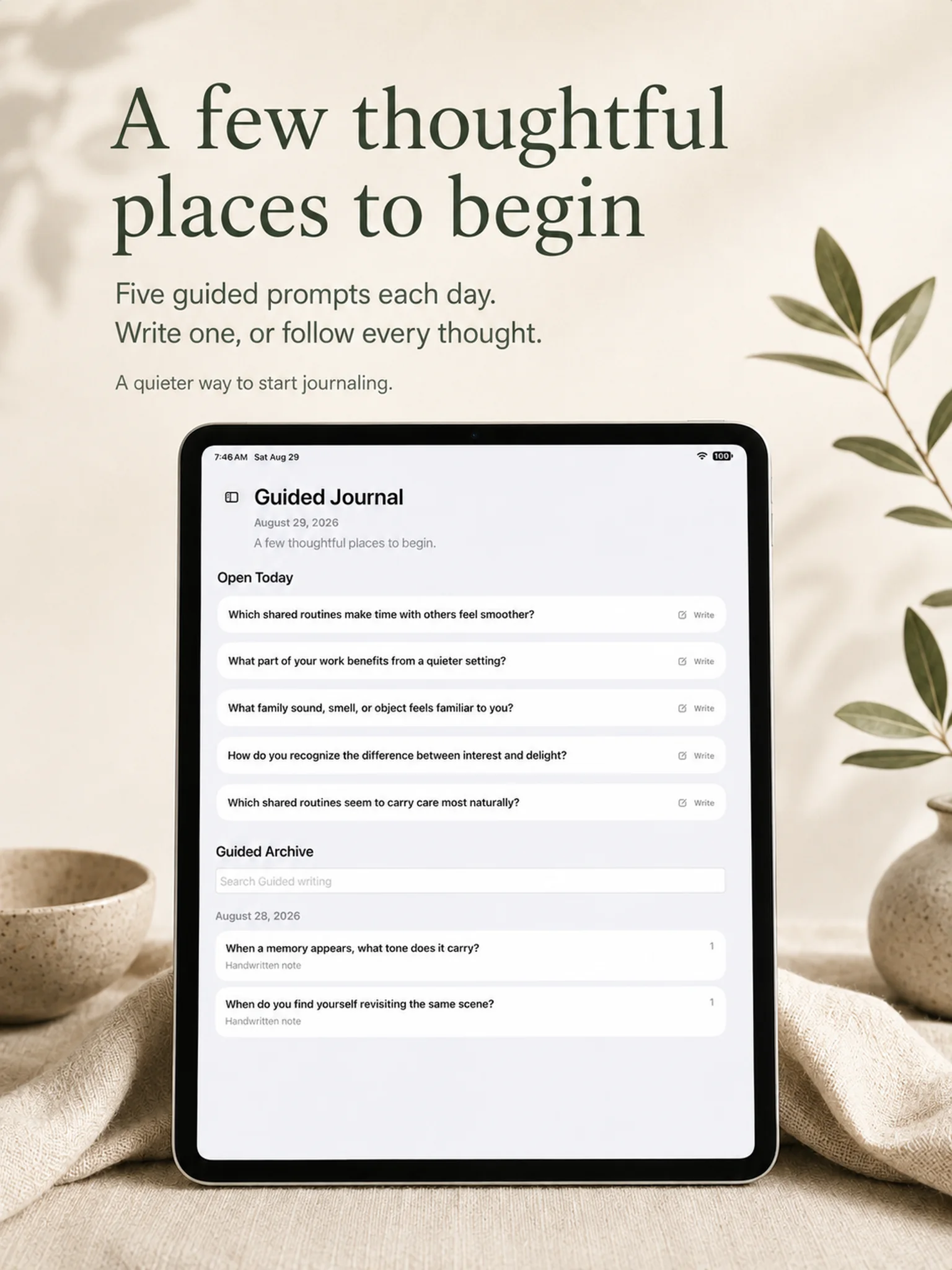 Journal - From Me showing five daily guided journaling prompts