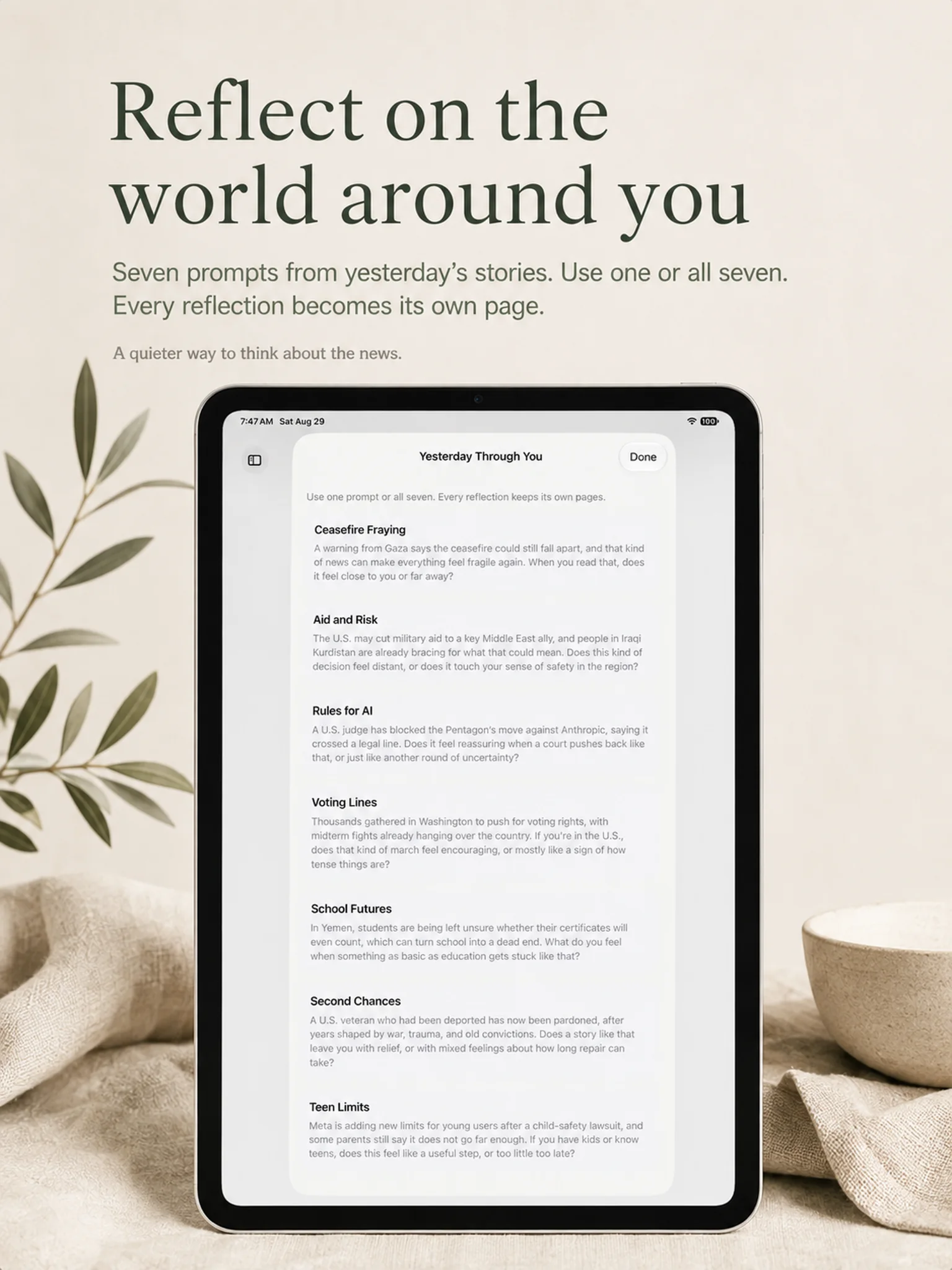 Yesterday Through You showing seven world news reflection prompts