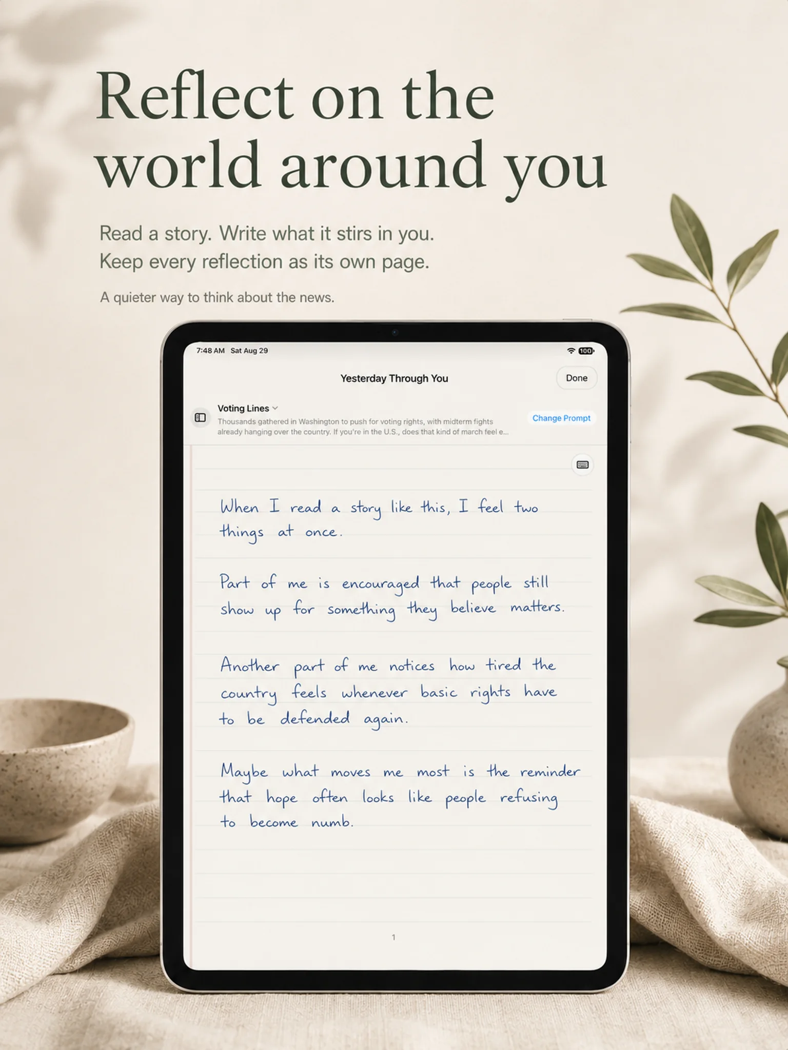 Handwritten journal response to a Yesterday Through You news prompt