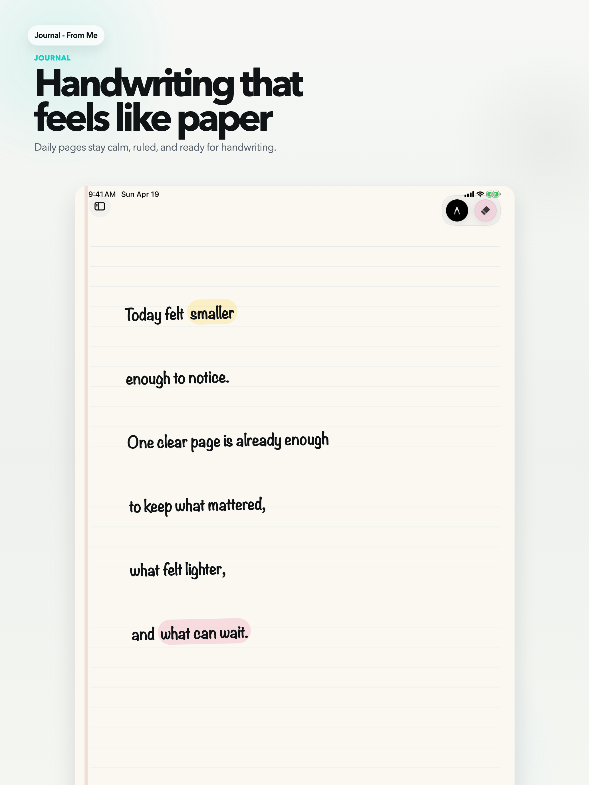 Journal - From Me iPad journal page showing the handwriting-first daily writing surface.