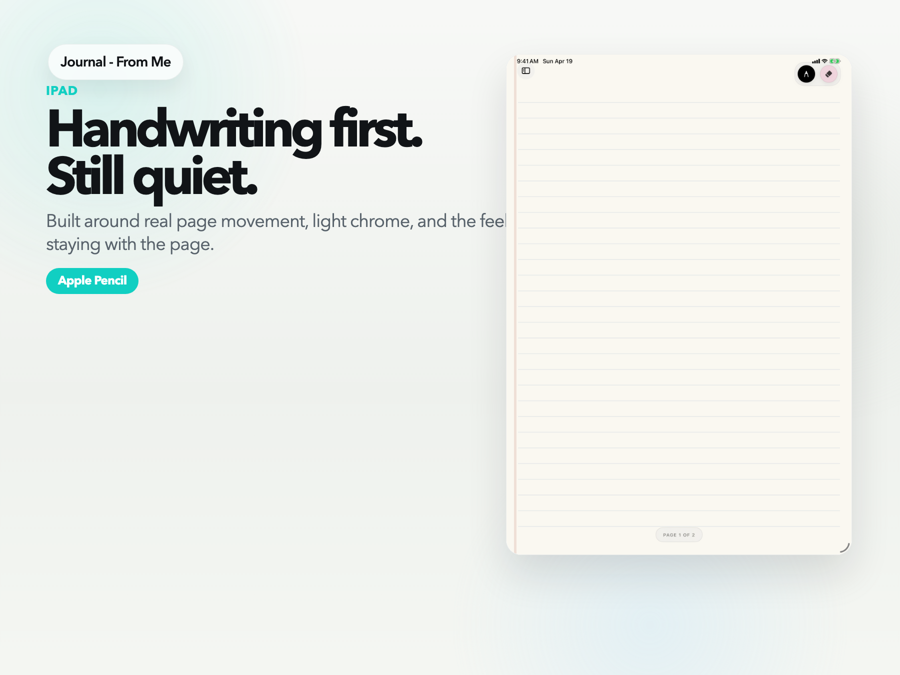 Journal - From Me iPad promotional hero showing the ruled handwriting surface and Apple Pencil-first page design.