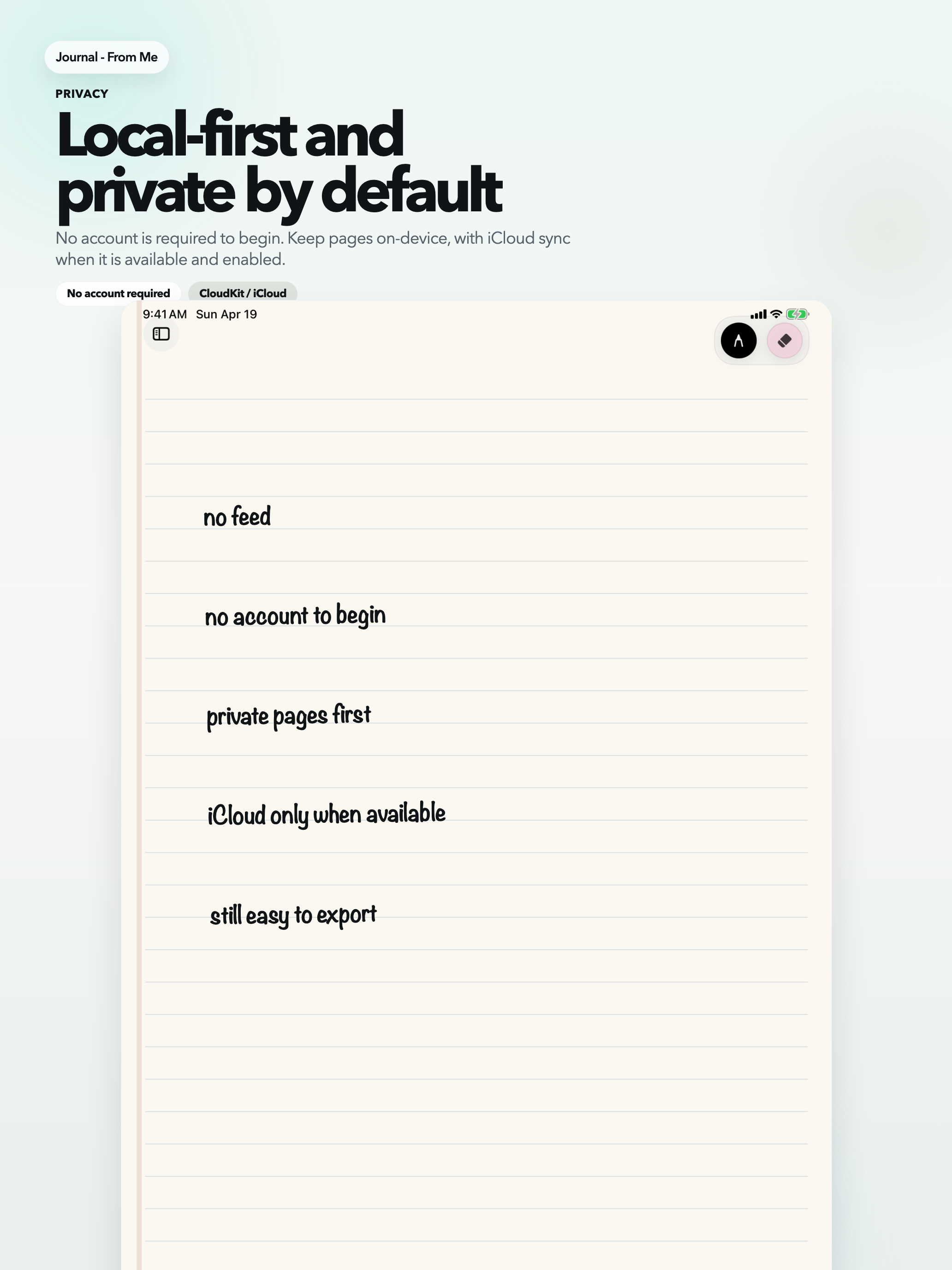 Journal - From Me marketing screen describing the app as local-first and private by default.