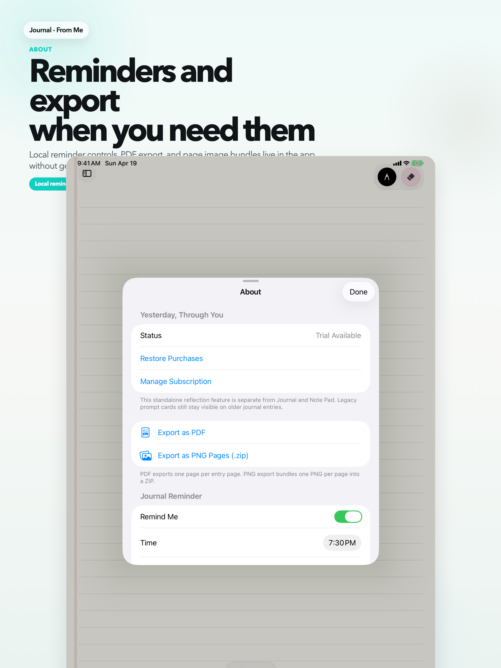 Journal - From Me iPad utility view showing reminders and export tools around the writing experience.