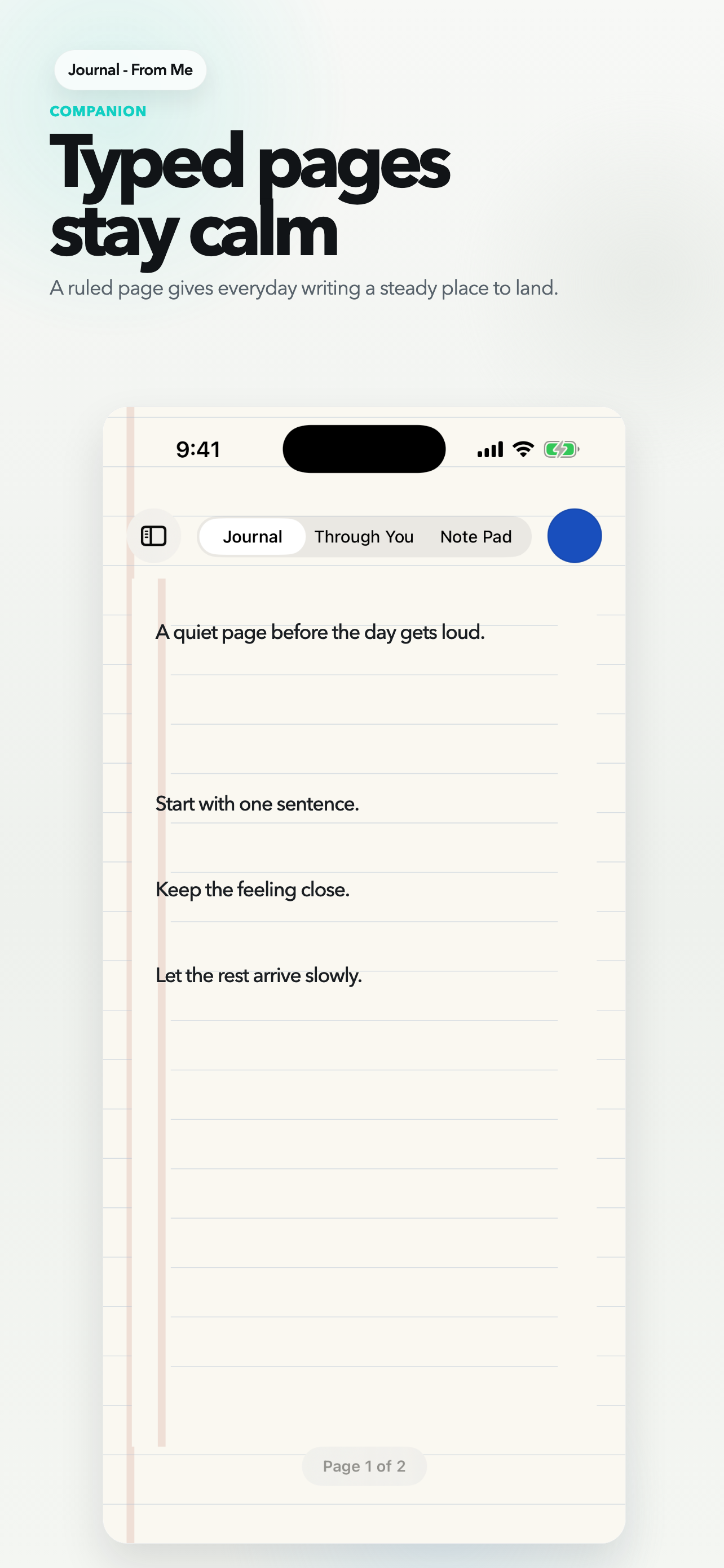 Journal - From Me Companion iPhone screen showing typed writing on a clean paper page.