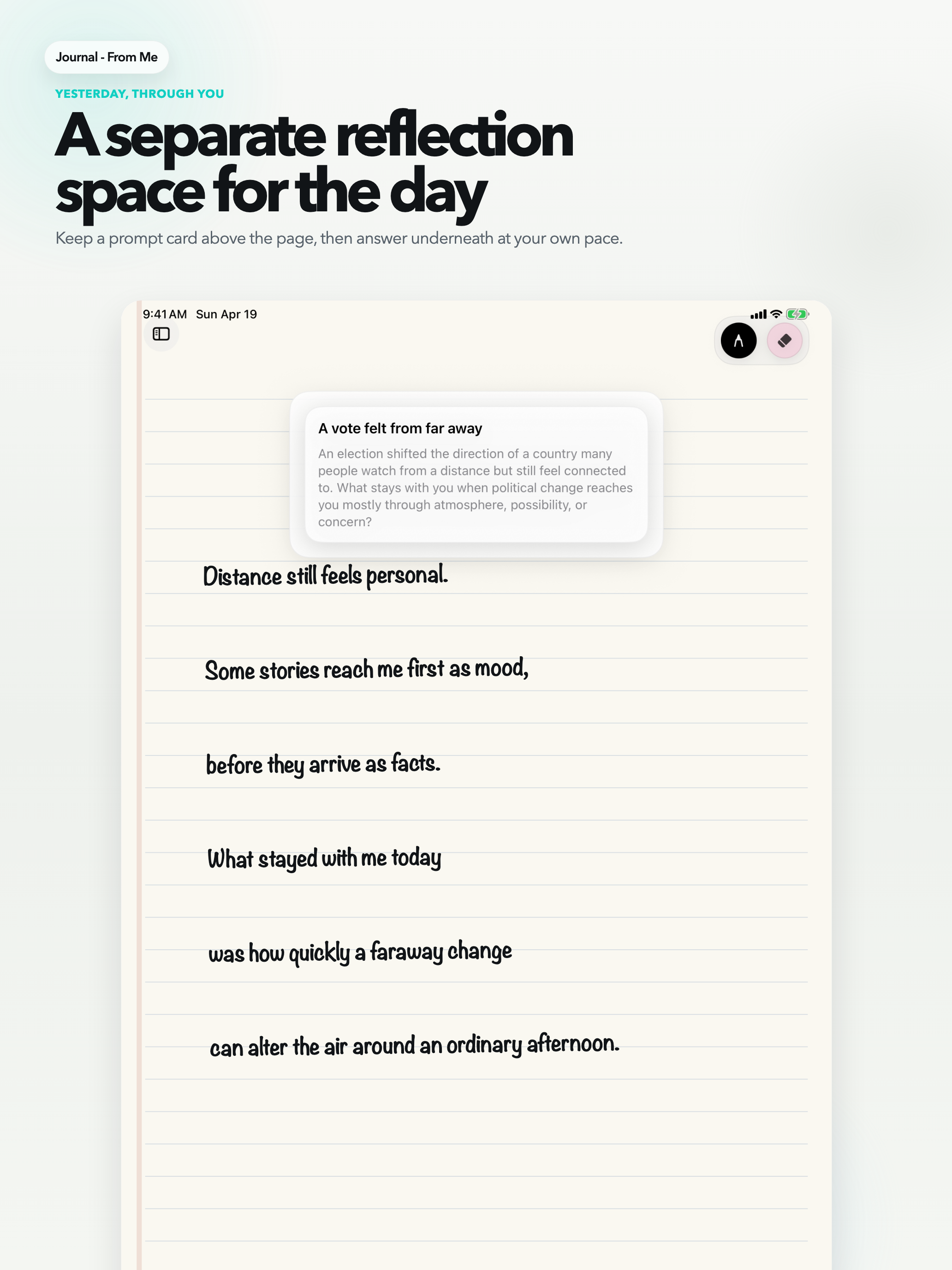 Journal - From Me Yesterday, Through You reflection page with the prompt card and separate writing surface.